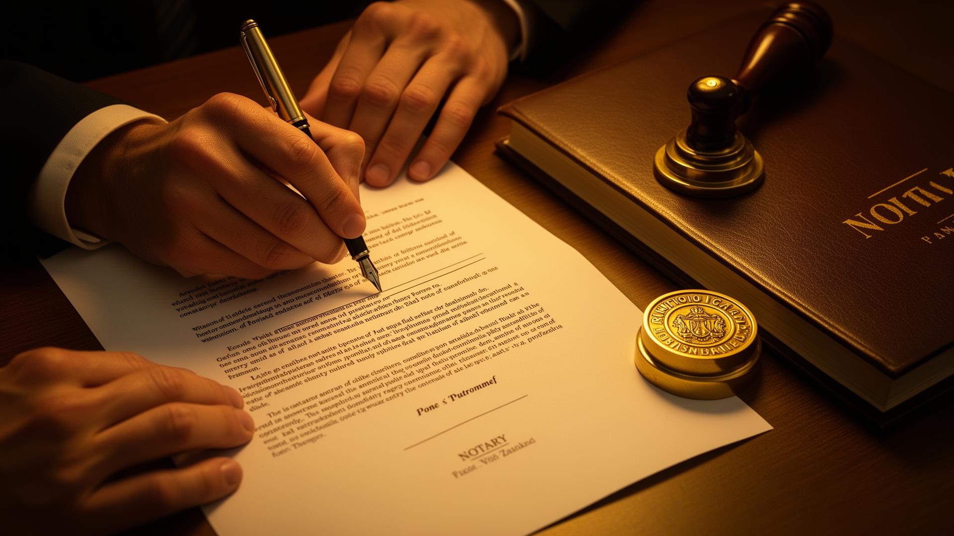 Notary signing official documents with seal and stamp